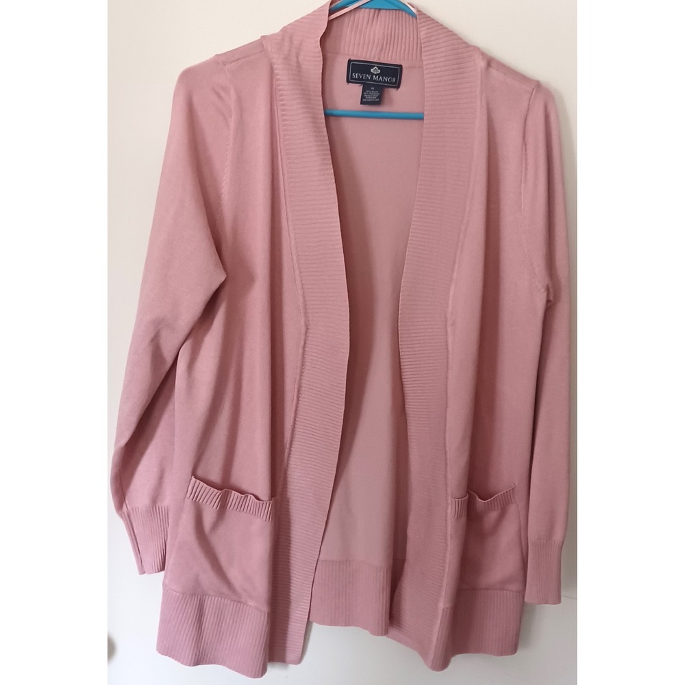 Seven Manor Cardigan Women XL Pink Open Front Shawl Collar Ribbed Knit Pockets